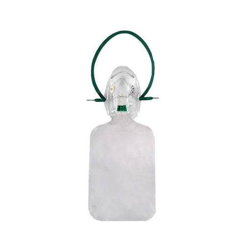 A transparent oxygen mask with a green head strap and reservoir bag is shown against a white background.