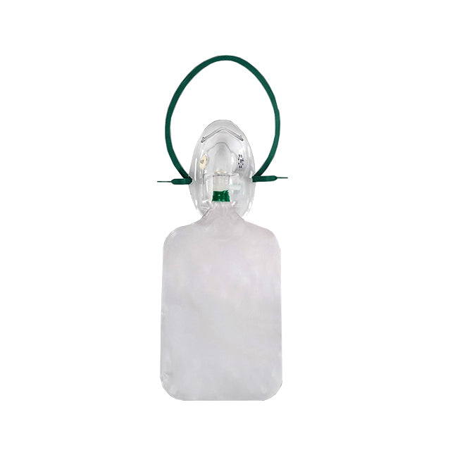 A transparent oxygen mask with a green head strap and reservoir bag is shown against a white background.