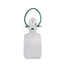 A transparent oxygen mask with a green head strap and reservoir bag is shown against a white background.