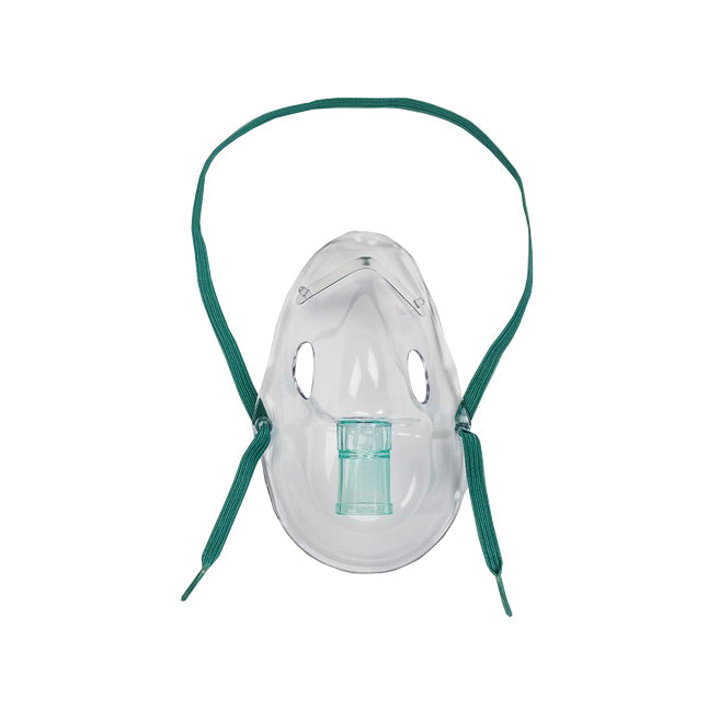 A clear plastic oxygen mask, featuring green elastic straps, rests on a white background.