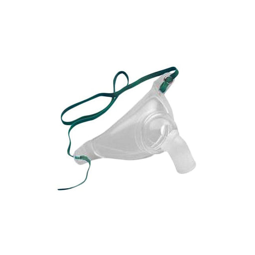 A clear plastic nasal mask, attached to a dark green strap, rests on a plain white background.
