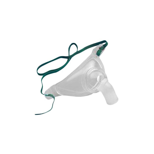 A clear plastic nasal mask, attached to a dark green strap, rests on a plain white background.