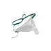 A clear plastic nasal mask, attached to a dark green strap, rests on a plain white background.