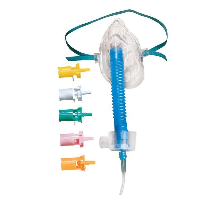 A transparent oxygen mask with a corrugated tube and adjustable head strap is shown with several colored connectors. The mask delivers oxygen. The context is a clinical or medical setting.