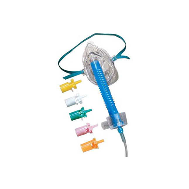 A clear plastic oxygen mask with a blue tube and colored connectors sits on a white background.