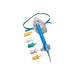 A clear plastic oxygen mask with a blue tube and colored connectors sits on a white background.