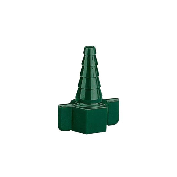 A dark-green plastic connector sits on a white background. It has a tapered, ridged top and a square base with outward-facing wings.