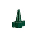 A dark-green plastic connector sits on a white background. It has a tapered, ridged top and a square base with outward-facing wings.