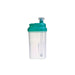 A clear plastic container with a teal lid and a small internal tube sits against a white background.