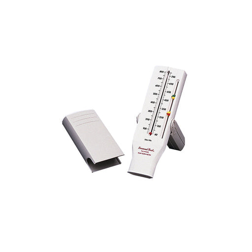 A peak flow meter displays a reading; it stands upright on a white background next to its case.