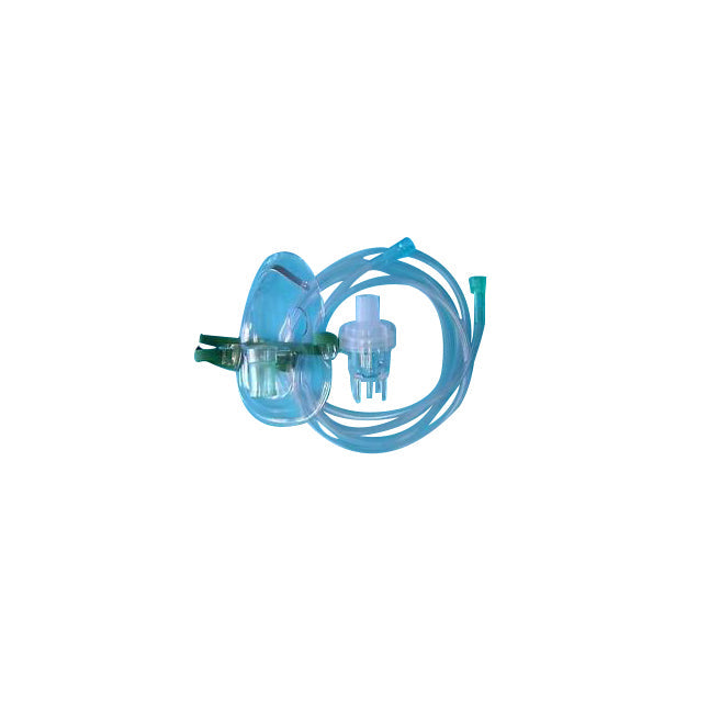 A transparent oxygen mask rests with its attached tubing and flow regulator against a white background.