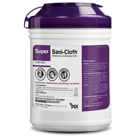 A container of Super Sani-Cloth germicidal wipes is shown. The wipes are large and effective against bacteria, tuberculosis, and viruses in two minutes. The container is purple and white. REG. NO. 20570. Contains 160 wipes.