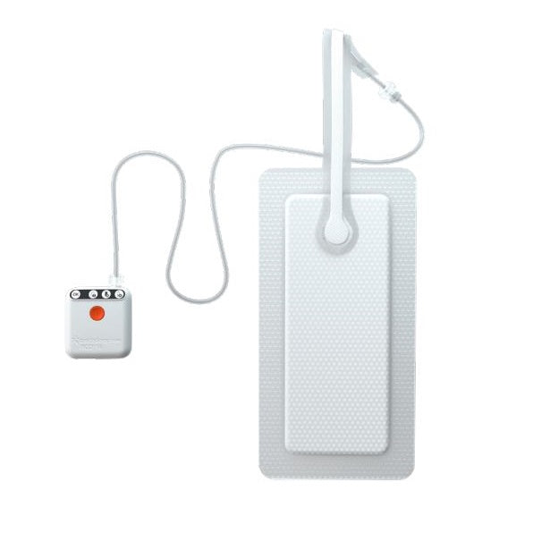 A medical device, consisting of a small square control unit and a larger rectangular electrode patch, is connected by a wire; it is displayed against a white background.
