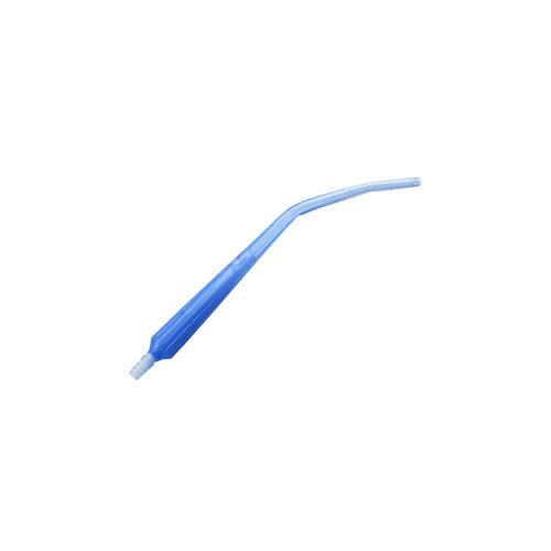 A light-blue, curved, medical tube lies on a white background.