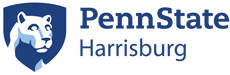 A stylized lion's head, appearing within a shield, is displayed alongside the text "PennState Harrisburg".