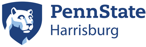 A stylized lion's head, appearing within a shield, is displayed alongside the text "PennState Harrisburg".