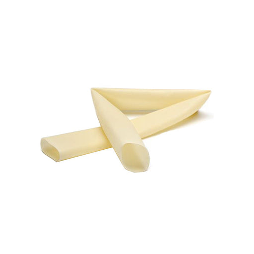 Two pale yellow, tubular objects are lying crossed on a white background. They appear to be flexible and possibly made of a soft material.