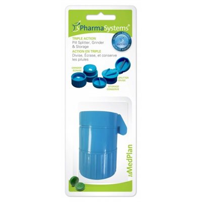 A blue plastic pill container, splitting, grinding, and storing pills, is packaged for retail sale.