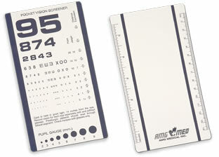 Two rectangular ophthalmic charts, one filled with varying sized letters and symbols, the other blank, sit side-by-side against a white background. The filled chart displays the number "95" prominently at the top, and "174" below it. The bottom includes rows of progressively smaller circles.