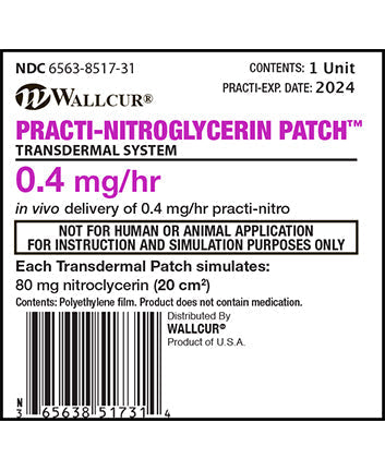 A transdermal patch label displays product information, including dosage (0.4 mg/hr) and warnings about its use for instruction and simulation only; it is a product of the U.S.A.