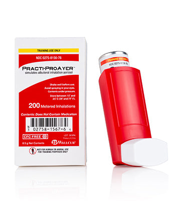 A red and white Practi-Proayer inhaler sits beside its box; it simulates albuterol aerosol, containing 200 metered inhalations for training purposes only.