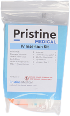 A Pristine Medical IV Insertion Kit is sealed inside a plastic bag. The kit contains various medical supplies. A list of its contents is printed on the packaging. "Pristine MEDICAL IV Insertion Kit" is prominently displayed at the top. "NOT FOR HOME USE OR ANIMAL USE - FOR TRAINED PROFESSIONALS ONLY" is a warning at the bottom.