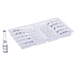Glass ampoules containing liquid rest in a plastic tray; one ampoule sits separately.