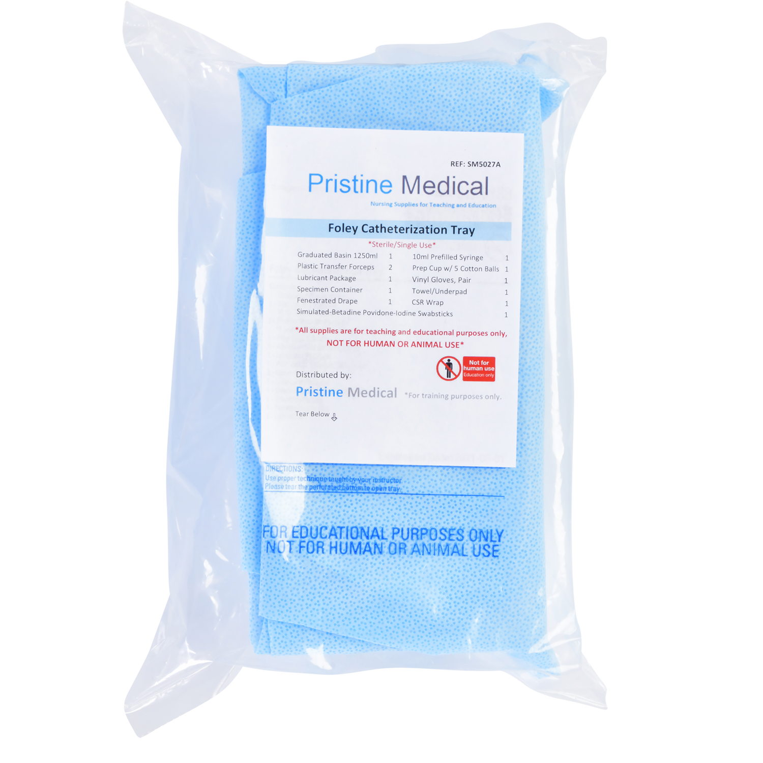A blue Foley Catheterization Tray, sealed in plastic, contains medical supplies for educational purposes only, as indicated on its packaging.