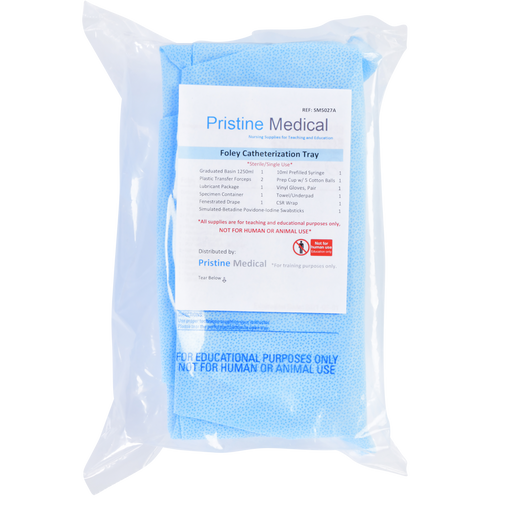 A blue Foley Catheterization Tray, sealed in plastic, contains medical supplies for educational purposes only, as indicated on its packaging.