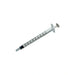 A clear plastic syringe lies on a white background; it is calibrated in milliliters.