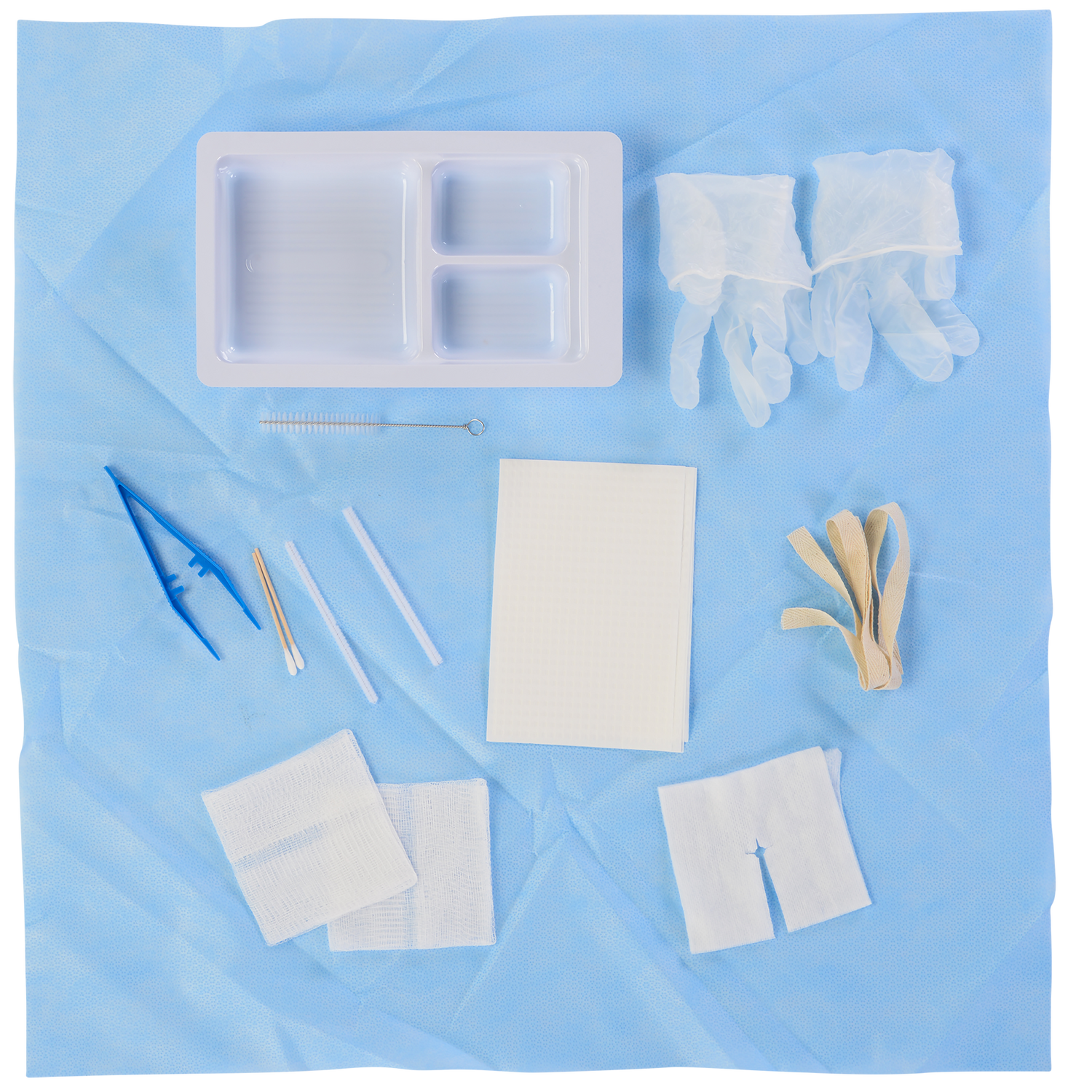 A medical kit containing a tray, gloves, swabs, forceps, and gauze is arranged on a light blue surgical drape.