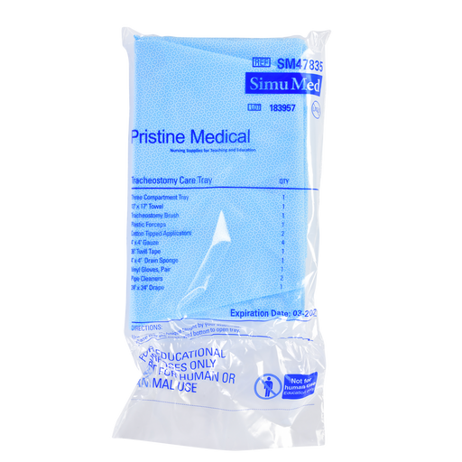 A tracheostomy care tray, packaged in plastic, contains various medical supplies for educational purposes. The tray's contents are listed, including towels, brushes, forceps, and more. The packaging indicates it is not for human or animal use.