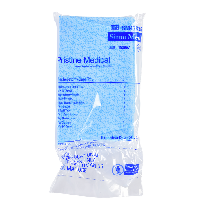 A tracheostomy care tray, packaged in plastic, contains various medical supplies for educational purposes. The tray's contents are listed, including towels, brushes, forceps, and more. The packaging indicates it is not for human or animal use.