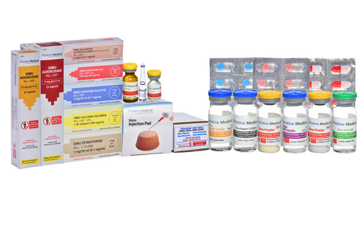 Several vials and boxes of simulated pharmaceuticals are arranged on a white background. They include various medications in pre-filled syringes and vials, along with blister packs of pills and an injection pad. The packaging indicates “training use only.”