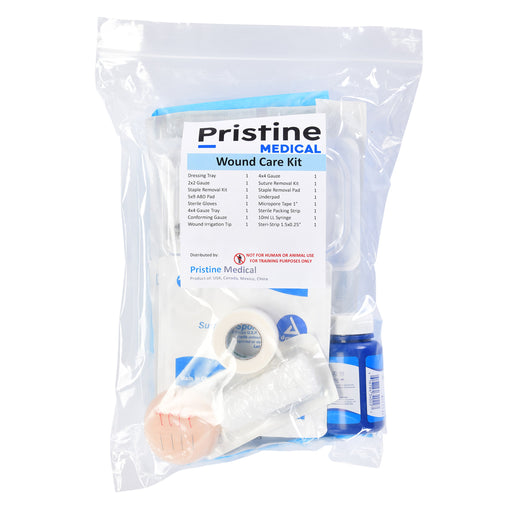 A Pristine Medical wound care kit, containing various medical supplies, is packaged in a clear plastic bag. The kit includes gauze, gloves, and other first aid items. It is intended for training purposes only.