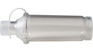 A cylindrical metal canister, possibly a filter, sits on a plain white background. It features a smaller, bulbous section at one end with a threaded cap at the opposite end. A wire loop is attached near the bulbous section.