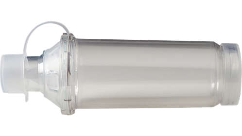 A cylindrical metal canister, possibly a filter, sits on a plain white background. It features a smaller, bulbous section at one end with a threaded cap at the opposite end. A wire loop is attached near the bulbous section.