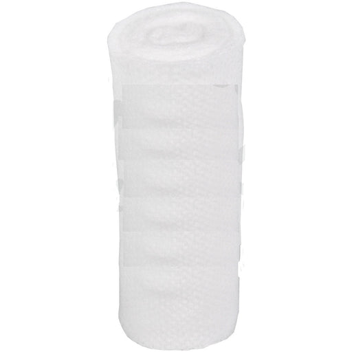 A white bandage roll sits upright against a white background.