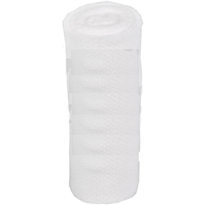 A white bandage roll sits upright against a white background.