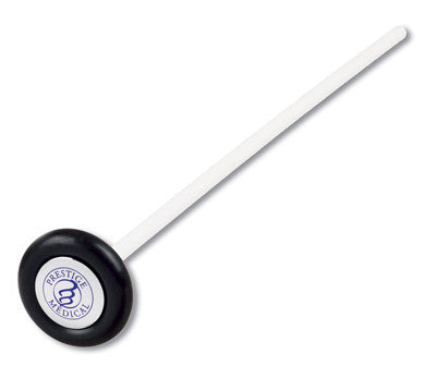A reflex hammer with a black, circular head and white handle rests on a white background. The head displays "PRESTIGE MEDICAL" and a logo.