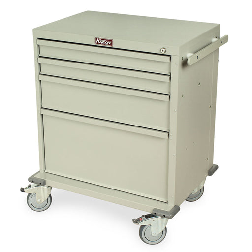 A light-grey metal cart, with four drawers and a handle, sits on four wheels. The top displays a "Harloff" logo.
