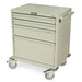 A light-grey metal cart, with four drawers and a handle, sits on four wheels. The top displays a "Harloff" logo.