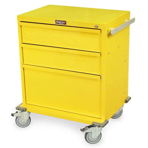 A yellow metal cart with three drawers sits on four wheels. The top drawer features a small, rectangular HARLOFF label.