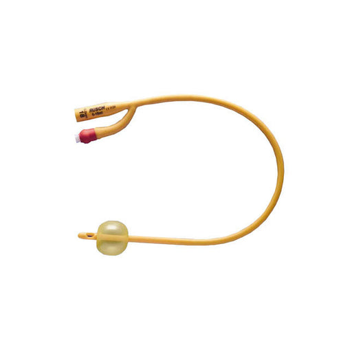 A yellow, double-lumen catheter curves against a white background. It has a small, clear balloon at one end and markings that read "RUSCH 14 Fr 15cm".
