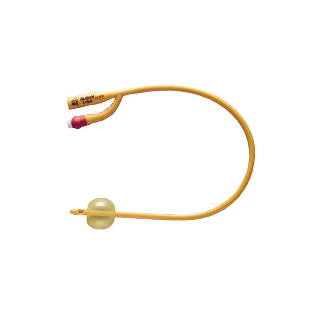 A yellow, double-lumen catheter curves against a white background. It has a small, clear balloon at one end and markings that read "RUSCH 14 Fr 15cm".