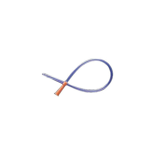 A blue catheter lies on a white background. It is curved, with an orange tip.