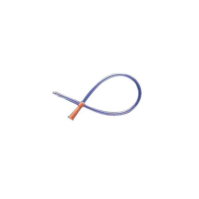 A blue catheter lies on a white background. It is curved, with an orange tip.