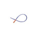 A blue catheter lies on a white background. It is curved, with an orange tip.