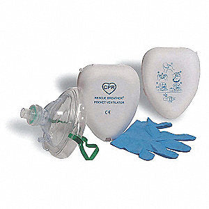 Two CPR masks rest beside a pair of blue gloves and a resuscitation bag; all items are displayed together.