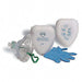 Two CPR masks rest beside a pair of blue gloves and a resuscitation bag; all items are displayed together.